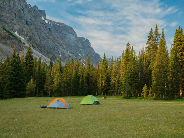 Two colorful backpacking tents pitched in an open alpine meadow, a dramatic rocky cliff face rising behind a wall of lodgepole pines at dusk